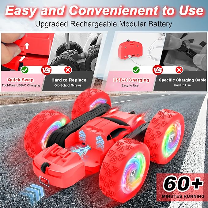 Remote Control Car, Outdoor Toys RC Cars for Kids Ages 6-12, 4WD Double Sided Stunt Vehicle with Upgraded USB-C Modular Batteries, 5 6 7 8 9 10+ Year Old Boy Birthday Red