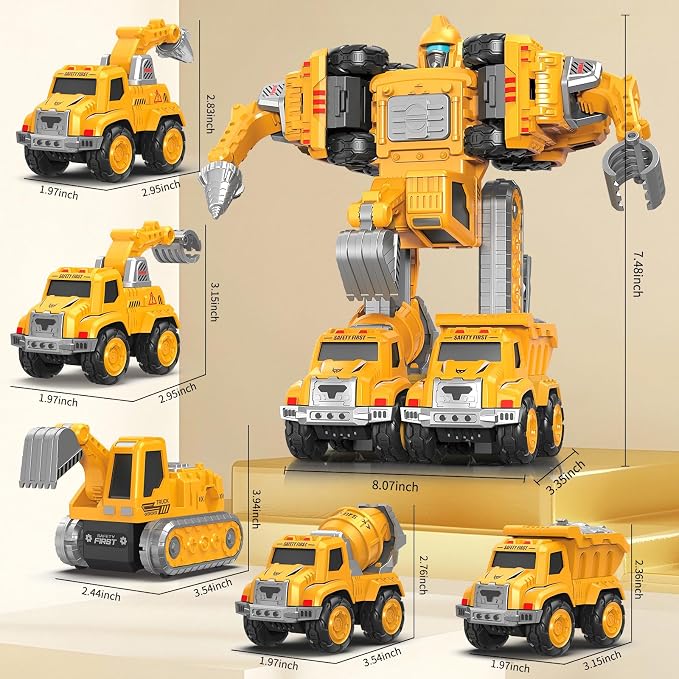 Toys for 3 4 5 6 Year Old Boys– 5-in-1 Detachable Construction Vehicles Set–Transform Robot Kids Toys Cars– Easy DIY Toys for Ages 5+ – Gifts for Boys Girls Birthday Christmas Easter