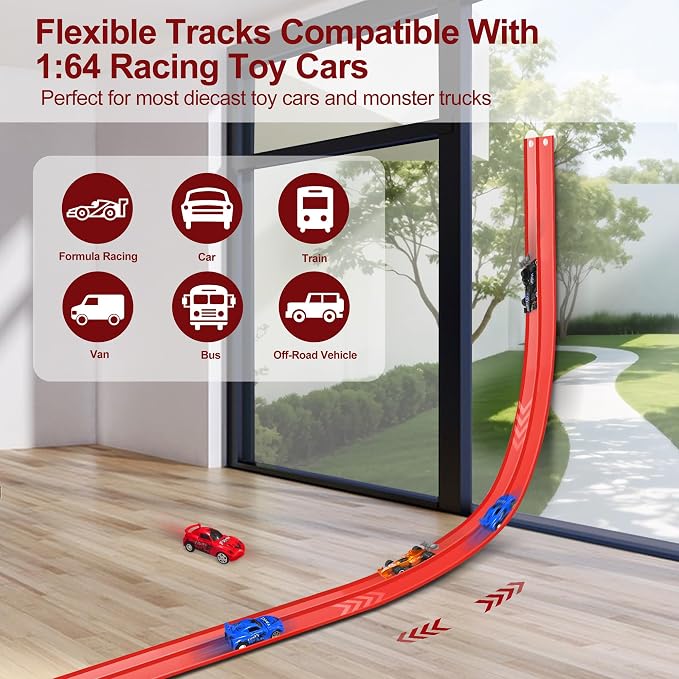 20 Ft Flexible Race Track Toys, Flex Race Car Ramp Track with 4 Race Cars & Suction Cups Rolls Up Portable DIY Race Track Anti Gravity Car Track Set,Kids Racecar Track Toy(Red)