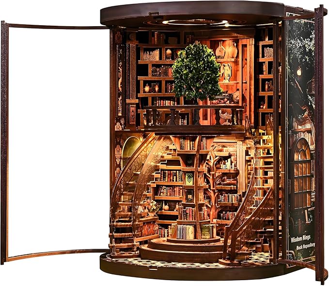 Book Nook Kits for Adults Fantasy 3D Puzzle Library Booknook Kit with Dust Cover Wisdom Book Repository Round Bookshelf Decor Wooden DIY Spiral Staircase Miniature Dollhouse Book House