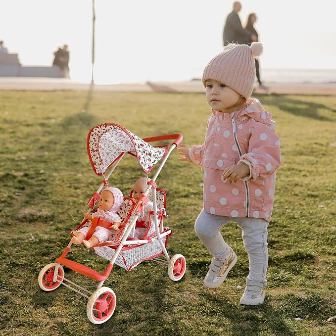 Double Doll Stroller for Twin Dolls & Toddlers - 25' Floral Tandem Play Toy Stroller