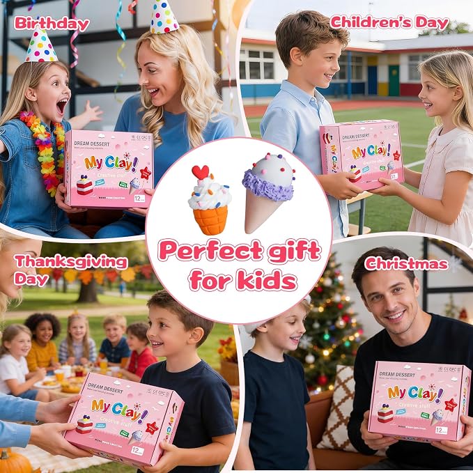 Air Dry Clay Kit, Modeling Clay for Kids, 12 Pack Dessert Theme, Soft Non-Sticky, Non-Toxic DIY Arts & Crafts with Sculpting Tools & Tutorials, Birthday Holiday Classroom Gifts, Party Favors for Kids