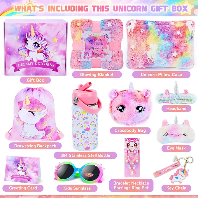 Unicorn Toys for Girls Kids Toys 5 6 7 8 9 10+ Years Old, Kids Unicorn Gifts with Glowing Blanket/ Water Bottle/ Eye Mask/Headband/Crossbody Bag/Sunglass/12PCS Birthday Gift for Girls 6-10+