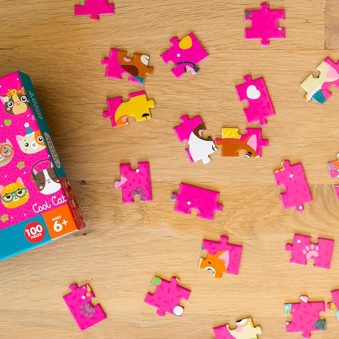 Chuckle & Roar - Cool Cats Glitter 100 Piece Jigsaw Puzzle for Kids Ages 6+ - Educational Puzzle with Glitter Accents - Fine Motor Skills and Screen Free Fun - Giftable Kids Puzzle 11 x 15 Inches
