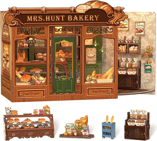Cutefun Book Nook Kit - DIY Miniature Bread Shop Booknook Kits for Adults and Teens, 3D Wooden Puzzle Bookend Bookshelf with LED Light, Creative Crafts Gifts for Book Lovers (Mrs.Hunt Bakery)