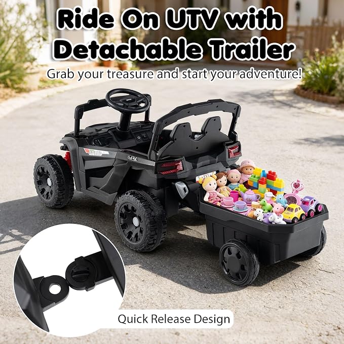 Costzon Kids Ride On UTV Car with Detachable Trailer, 12V Battery Powered Electric Vehicle with Remote Control, 3 Speeds, LED Lights, Music, Horn, Off-Road UTV for Boys & Girls (with Trailer,Black)