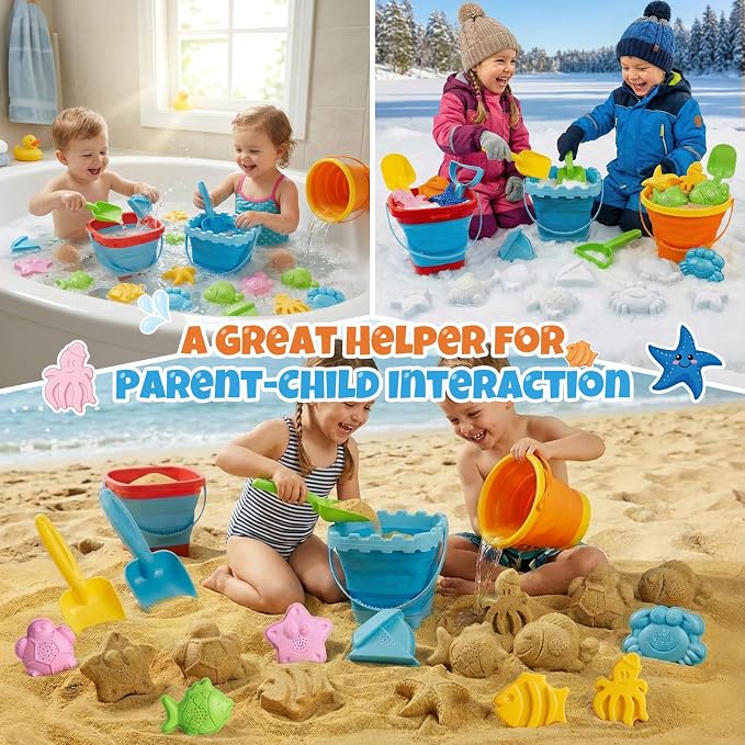Beach Sand Toys Set for Toddlers, Portable Travel Beach Toys with 3 Collapsible Buckets, 3 Shovels, 3 Rakes, 9 Molds & Backpack for Kids, Summer Gift，Beach Tourism