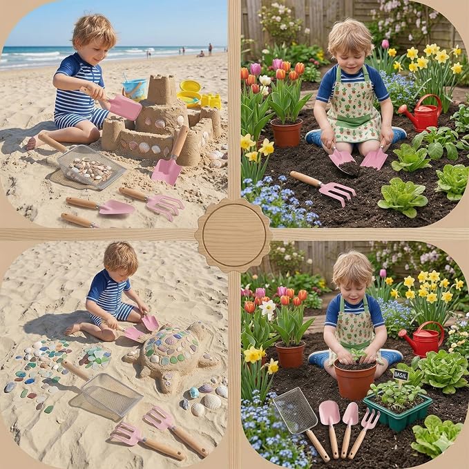Beach Sand Toys for Kids Toddlers Made of Metal with Sturdy Wooden Handle, Sifter & Shell Clipping Tongs, Mesh Scooper for Digging, Sifting Shells, Shark Tooth Sifter Dipper, Kids Gardening Tools