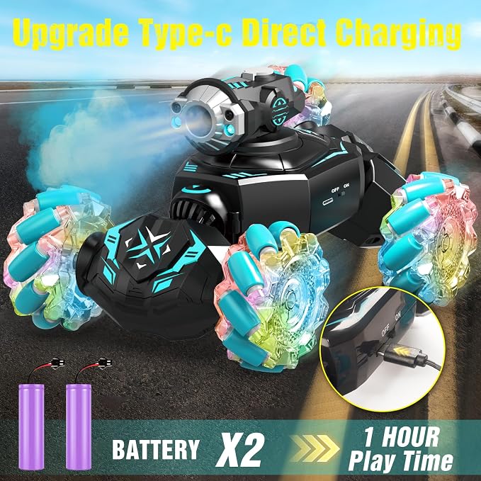 Gesture Sensing Remote Control Car, RC Cars Toys for Boys Age 6-12, 4WD Hand Controlled Twist & Transform 360° Spins Stunt Car with Mist, Light & Music, 8-10 Year Old Boys Birthday Gift Blue