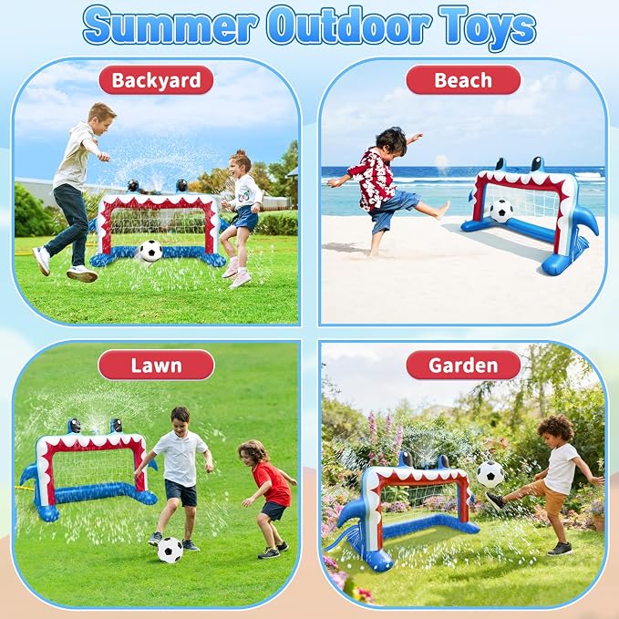 Intoypad Water Sprinkler Soccer Toys, Inflatable Shark Soccer Goal with a Soccer Ball for Backyard Pool Outdoor Play, Summer Water Games Outside Yard Pool Gifts Toys for Boys Girls Kids Ages 3-8