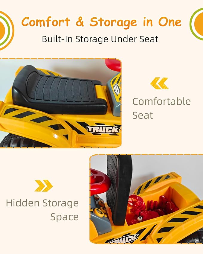 Kids Excavator Ride On Toys for Boys and Girls 2+ Years, Foot-to-Floor Ride On Excavator with Sounds, Steering Wheel, Storage, Toy Hard Hat and 3 Rocks