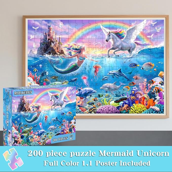 Puzzles for Kids Ages 6-8 8-10 Year Old - Mermaid Unicorn Puzzle for,200 Piece Jigsaw Puzzle for Learning Educational Puzzles Toys for Boys and Girls