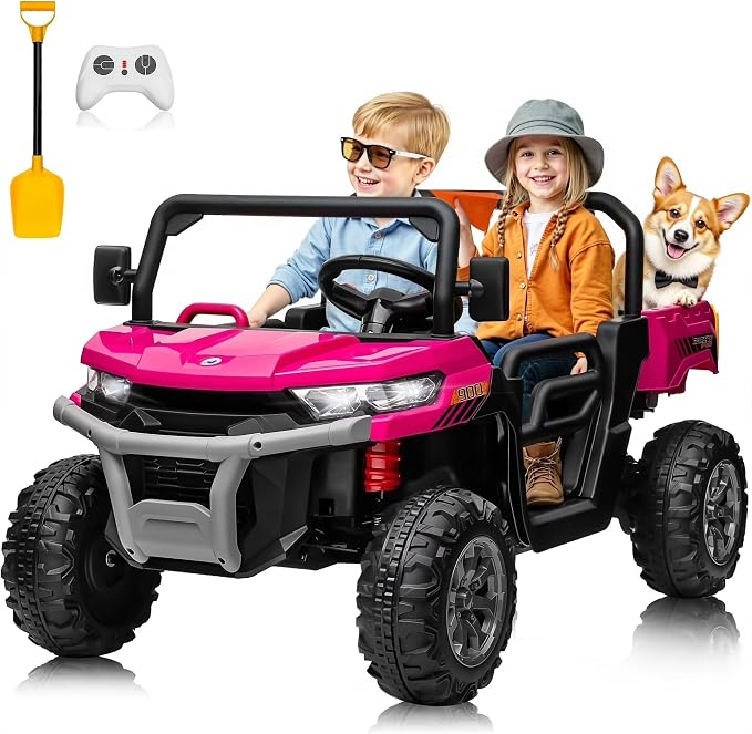 Joyracer 4WD 24 Volt Ride on Toys, 800W Ride on Truck for Kids, 2 Seater Power Car Wheels w/Dump Bed & Shovel, Ride on UTV w/Remote Control, Bluetooth, LED Lights, Pink