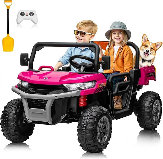 Joyracer 4WD 24 Volt Ride on Toys, 800W Ride on Truck for Kids, 2 Seater Power Car Wheels w/Dump Bed & Shovel, Ride on UTV w/Remote Control, Bluetooth, LED Lights, Pink
