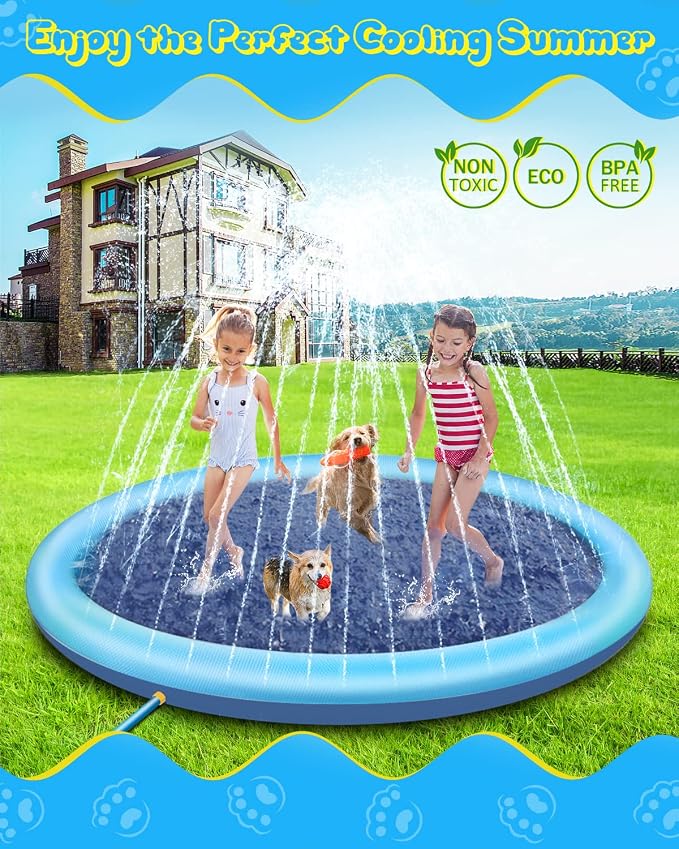 Raxurt Splash Pad, 75in Anti-Slip Splash Pad for Kids Dogs Thickened Durable Bath Pool Pet Summer Outdoor WaterToys Backyard Fountain Play Mat, Blue