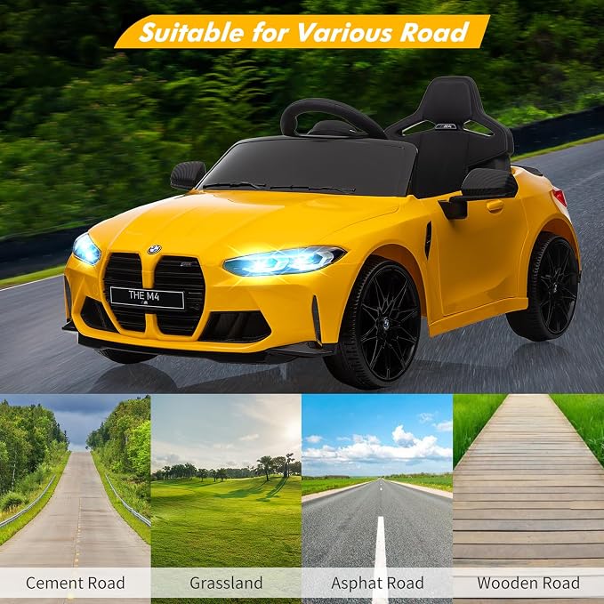 12V Ride On Car for Kids，Licensed BMW M4 Battery Powered Vehicle Car for Boys and Girls, with Remote Control,3 Speed,Led Light (Yellow)
