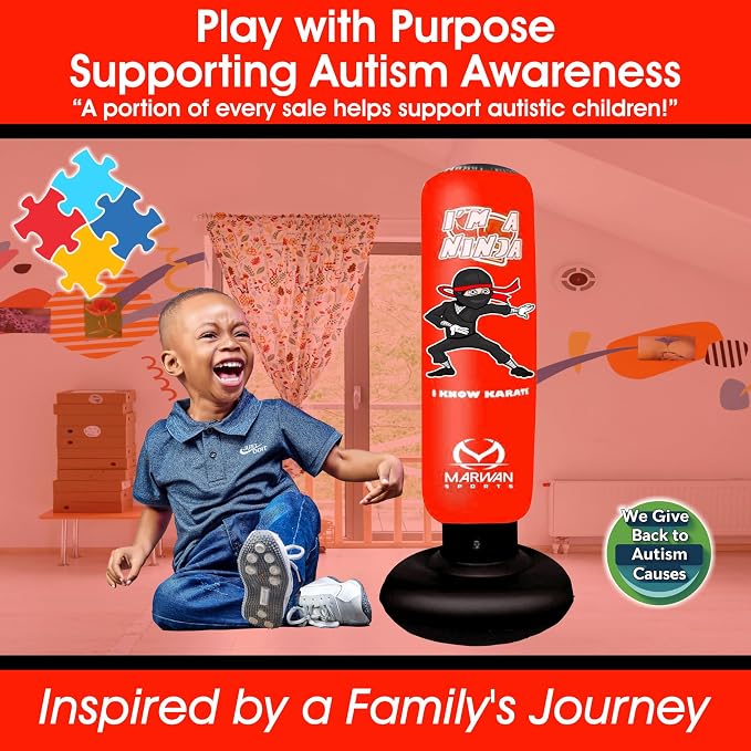 Marwan Sports Ninja Kids Punching Bag — Inflatable Sensory Toy & Birthday Gift for Boys & Girls Ages 4-12, 63" Freestanding 5-in-1 Kit, Indoor Apartment-Quiet Sensory-Friendly Active Play