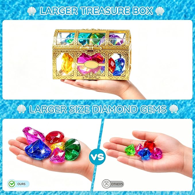 Swim Diving Games Pool Toys 17PCS Big Colorful Diamond Toy with Treasure Box Chest Summer Underwater Gemstone Outdoor Water Accessories for Kid Age 5 6 7 8 9 10 11 12 Year Old Girl Boy Stuff Fun Gift