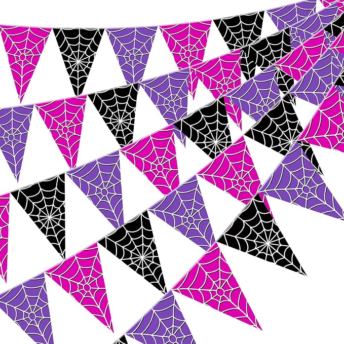 Tiamon 5 Pcs Wednesday Birthday Party Decorations Halloween Spider Web Birthday Triangle 49.2 ft Flag Black Purple Pink Pennant Banner Spider Garland Streamer for Baby Shower Party Supply