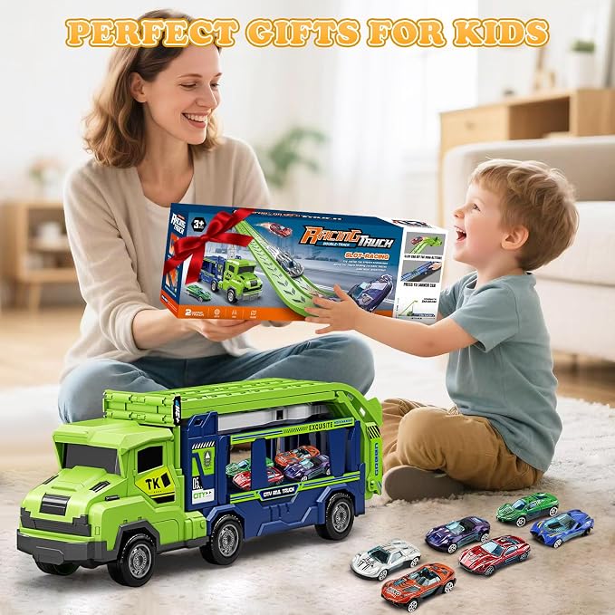 Truck Car Toys for 3, 4, 5, 6, 7, 8 Years Old Kids, Carrier Truck Race Track Toys, Foldable Transport Car Toys with 2 Foldable Race Tracks, 6 Metal Cars, Birthday Gifts for Toddler Boys Girls