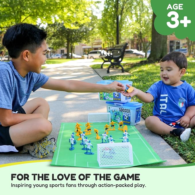 Kaskey Kids Soccer Guys, Navy Black vs. Blue White, 27 Pieces in Each Set, Includes 2 Teams, Accessories, and Travel Storage Case, Nostalgic Sports Action Figures for Imaginative Play, Ages 3 and Up
