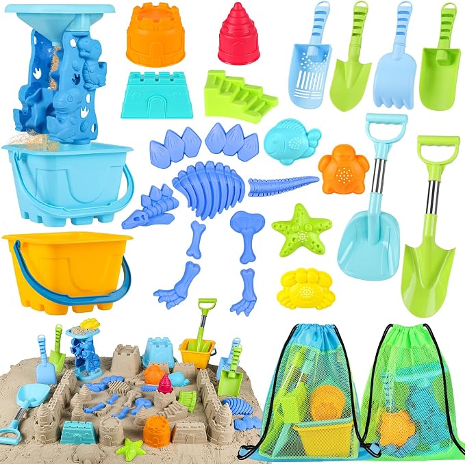 Beach Toys for Kids Toddlers, Sand Castle Toys with Bucket, Water Wheel, Long Shovel, Dinosaur Travel Sand Toys for Beach & Mesh Bag, Sandbox Essentials Toy for Toddlers Kids Baby Boys Girls Age 3-10