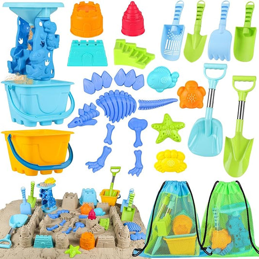 Beach Toys for Kids Toddlers, Sand Castle Toys with Bucket, Water Wheel, Long Shovel, Dinosaur Travel Sand Toys for Beach & Mesh Bag, Sandbox Essentials Toy for Toddlers Kids Baby Boys Girls Age 3-10