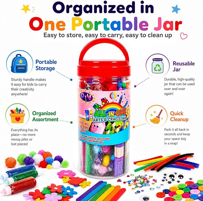 FUNZBO Arts and Crafts Supplies for Kids - Toddlers Craft Kit with Glitter Glue Stick, Pipe Cleaners, Pom Poms, Popsicle Sticks Tools, DIY School Supplies Kit, Birathday Gifts for Girls Boys Age 4+