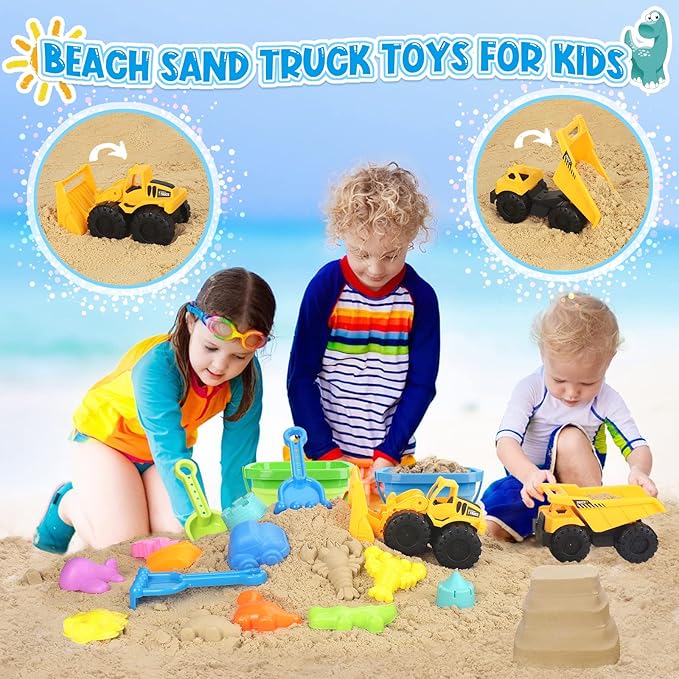 FHOZGECY Beach Sand Toys, 2 Construction Vehicles, 2 Collapsible Buckets, Sand Castle Molds with Travel Mesh Bag, Sandbox Play Set for Kids Ages 3-12, Multi‑Scene Play for Outdoor Summer Beach Games