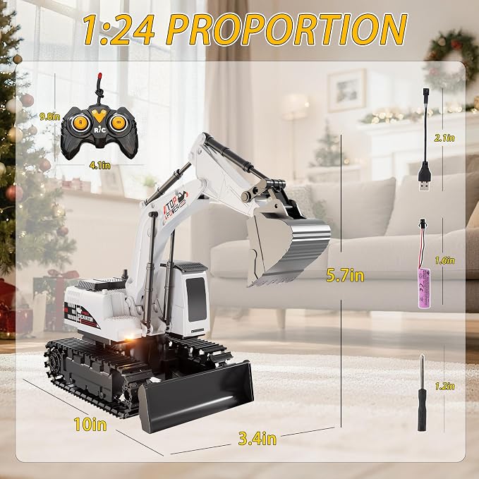 Remote Control Excavator for Boys 4-7, RC Excavator for Kids, 27 MHz Construction Trucks Vehicles Toys for Toddlers 1-3 3-5 4-7 with Metal Shovel and Light Birthday Boys Gifts