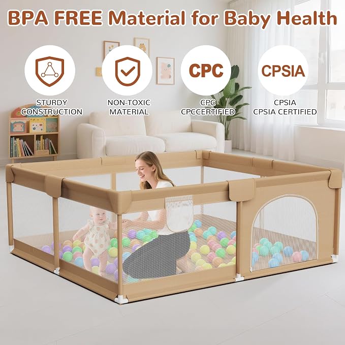 71x59 Playpen for Babies and Toddlers - Extra Large Baby Fence Play Area with Travel Bag Plus 50 Pit Balls & Pull Rings - Portable Infant Play Yard Indoor Outdoor Baby Gate Activity Center(Khaki)
