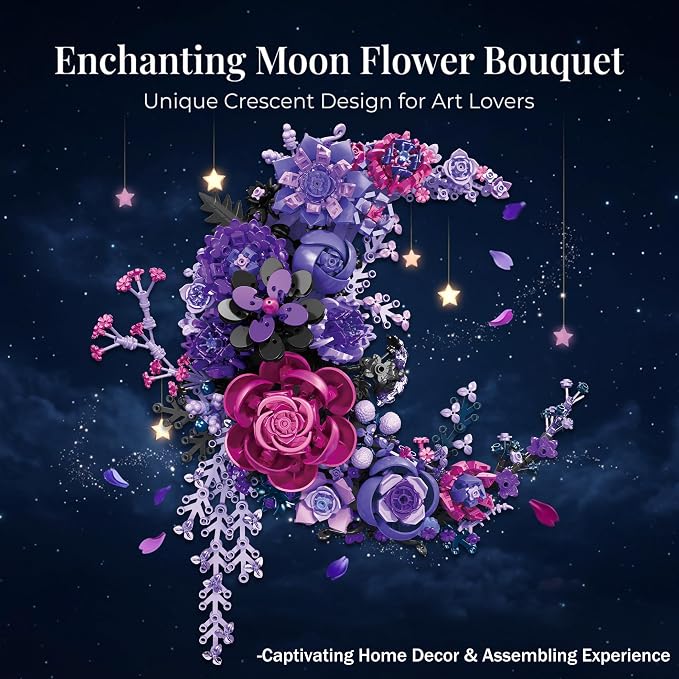Purple Moon Flower Building Set, Botanical Collection Artificial Flowers Building Blocks Kit Compatible with Lego for Adults Home Décor Wall Art Decoration