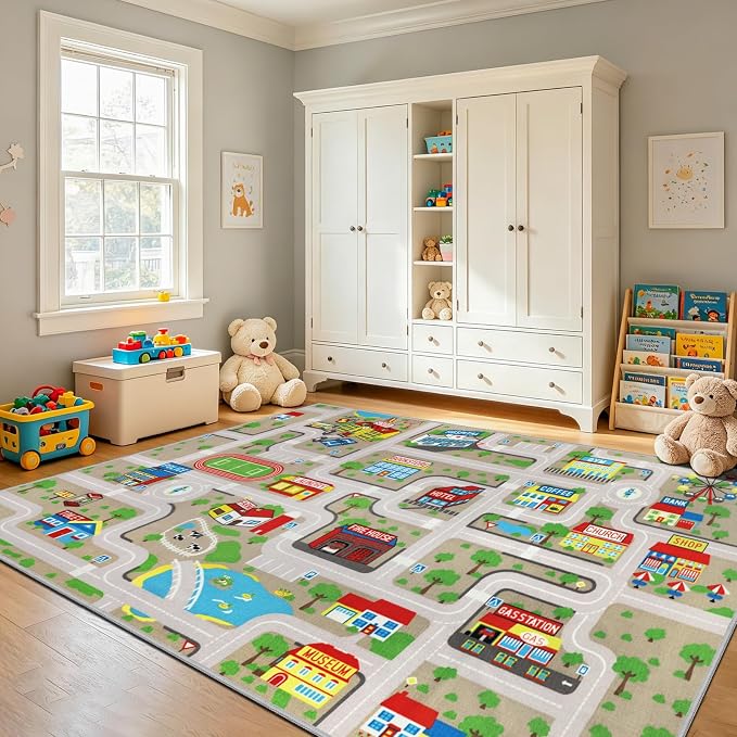 Capslpad Tan Car Road Kid Rug Carpet Playmat for Playoom Traffic Road Kids Play Mat for Toddler Non Slip Washable City Map Race Track Carpet Rug for Kids Room Playroom Classroom Decor,6.6'x9.8'