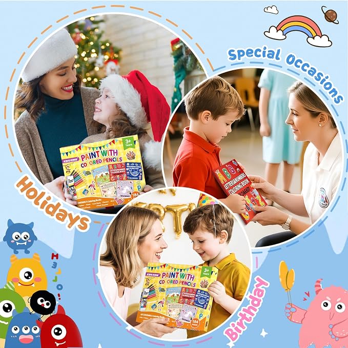 KIDS KING Coloring Book Kit, 5 Themes: Letters & Numbers | Animals | Ocean | Dinosaurs | Birds, Contains Colored Pencils Cute Styles for Painting, Arts & Crafts for Adults and Teens