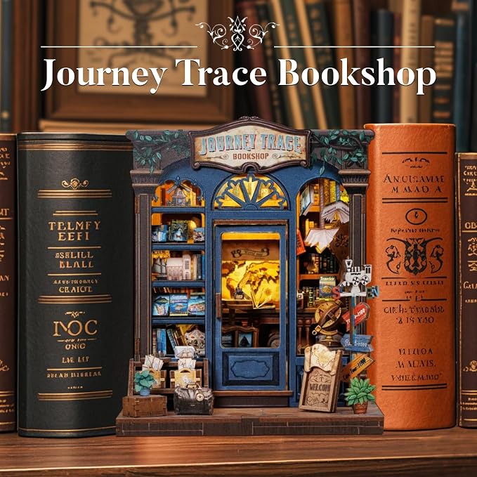Fsolis Book Nook Kit, DIY Miniature House Kit for Adults and Beginners Mini Bookstore Diorama Bookshelf 3D Wooden Puzzles Gifts for Women Teenagers (Journey Trace Bookshop)