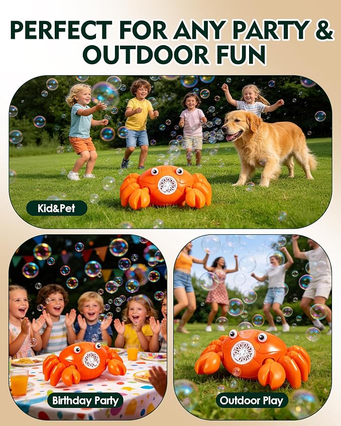 Crab Bubble Machine for Kids, Rechargeable 360-Degree Moving Bubble Maker with Lights and Music, Obstacle Avoidance, USB-C Cable, 2 Bubble Solutions, Outdoor Birthday Toy Ages 3+