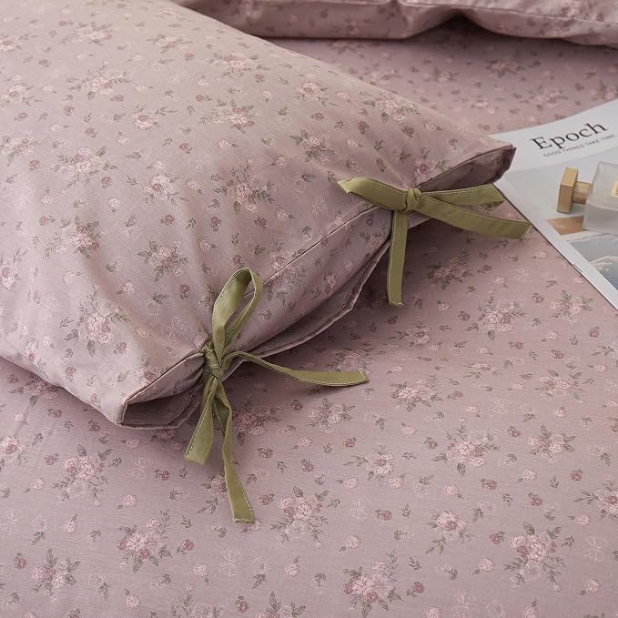 Purple Floral Comforter Set Full Size, 3 Pieces Cottagecore Aesthetic Cute Flowers Comforter Set for All Seasons, Coquette Floral Mauve Bedding Vintage Botanical Comforter with 2 Bow Ties Pillowcases