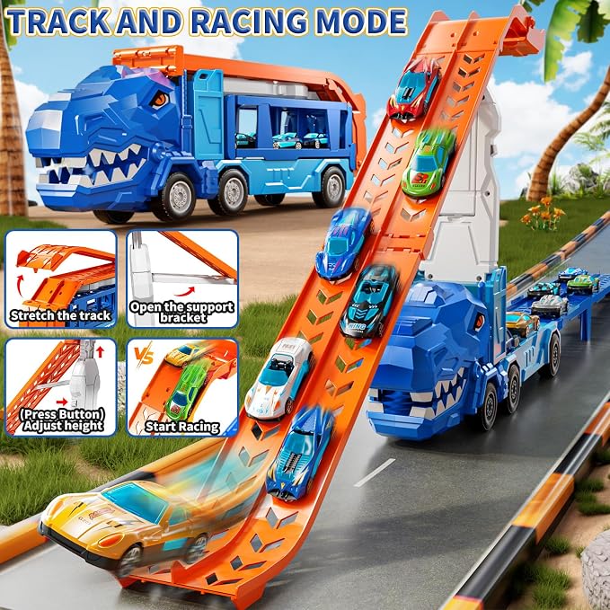 Race Track Truck Toys for 3 4 5 6 7 8 Years Old Boys, Carrier Vehicle Playset with 12 Die-Cast Racing Car Toys, 2-Tier Storage, Car Ramps, Birthday Gifts for Toddlers Kids Girls Age 3-5 4-8