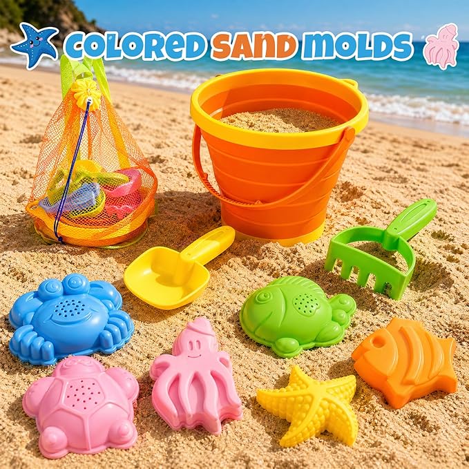 Beach Sand Toys Set for Toddlers, Portable Travel Beach Toys with Collapsible Bucket, Shovel, Rake, Molds & Mesh Storage Bag for Kids, Summer Gift (Tangerine)