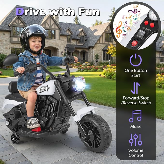 Costzon Kids Motorcycle, 6V Chopper Motorbike Ride on Toy with Headlight, Music, Training Wheels, Electric Toddler Motorcycle for Kids Boys Girls, Gift (White, 31" x 23" x 22"(L x W x H))