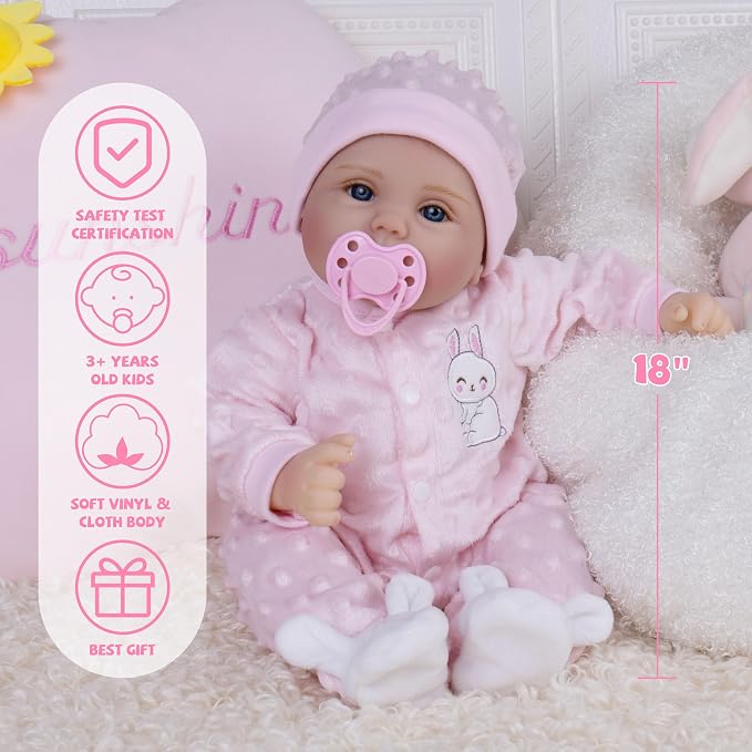 Milidool Reborn Baby Dolls Lifelike Girl Doll 18 inch Realistic Newborn Baby Doll Real Looking Silicone Baby Dolls Girl with Feeding Complete Accessories for 3+ Years Old Gifts