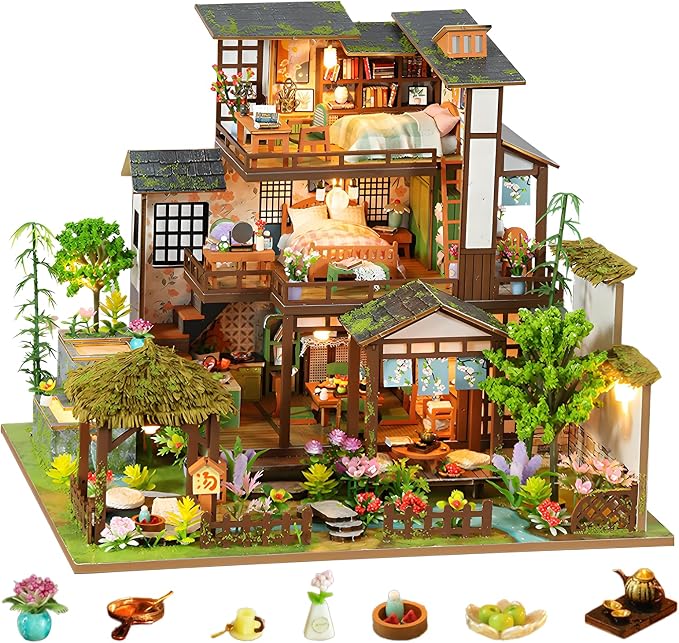 DIY Miniature House Kit, Dollhouse Kit, 3D Wooden Puzzles Bookshelf Craft Kits, Mini Doll House Building Kit for Adults Teen(Garden Cottage)