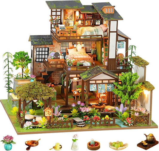DIY Miniature House Kit, Dollhouse Kit, 3D Wooden Puzzles Bookshelf Craft Kits, Mini Doll House Building Kit for Adults Teen(Garden Cottage)