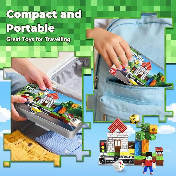 45 Pcs Travel Magnetic Blocks -Mini Magnetic Building Blocks for Kids Ages 4-8, Magnet Cubes Stacking Toys with Portable Metal Box, Birthday Gift for 3+ Year Old Boys Girls