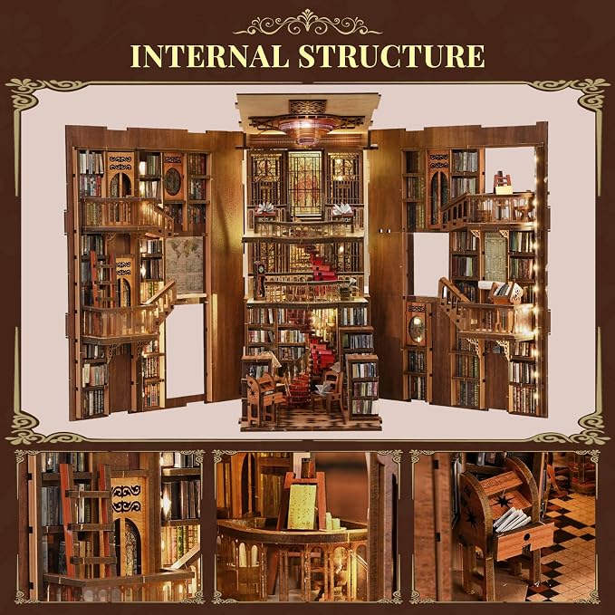 CCCDF Book Nook Kit, DIY Miniature Dollhouse Library Booknook Kit for Adults and Teens, Tiny House Bookshelf Decor with LED Light, Gifts for Family and Friends (Abbey Library)