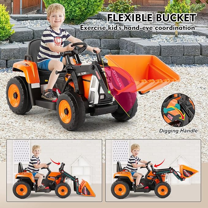 JOYLDIAS Ride On Excavator, 12V Electric Construction Vehicle Bulldozer/Tractor for Kids Digger with Remote Control, 3 Speeds, Bluetooth, Music, Lights, Orange