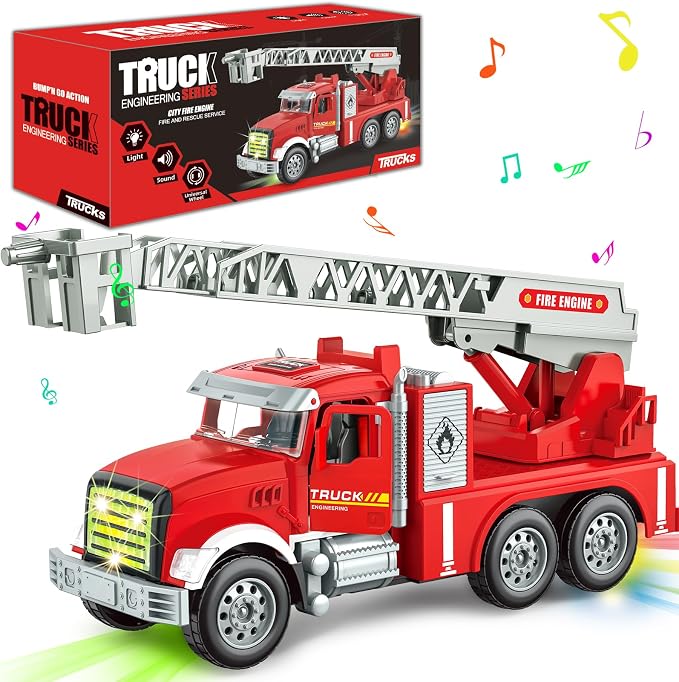 Toddler Boy Toys, Fire Trucks for Toddlers 3-5, Lights Music Toy Cars with 1 Rotating Extend Ladder, Firetrucks with 2 Opening Doors, Baby Toys for 3 4 5 6 Year Old Boy, Kids Christmas Birthday Gift