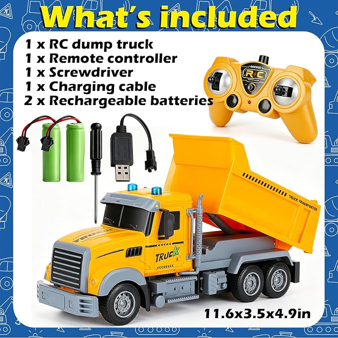 VGY Remote Control Dump Truck Toys for Boys, 2.4GHz RC Dump Truck with Mute Function & 80min Playtime, Liftable Dump Bed, Construction Toys for Kids Age 3-5 4-7 8-12 Year Old Birthday Gift