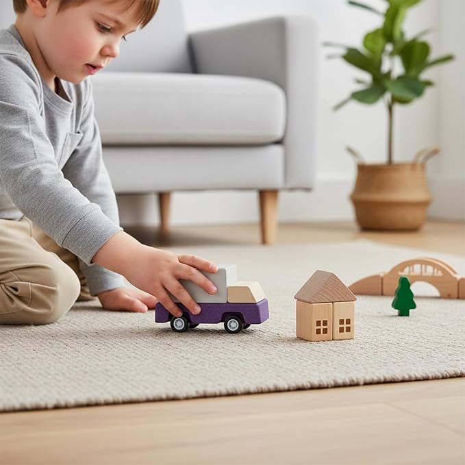PlanToys® Purple Delivery Truck Wooden Montessori Vehicle Toy | Early Movement, Imagination and Practical Life Exploration | Eco Friendly Truck for Indoor and Outdoor Play