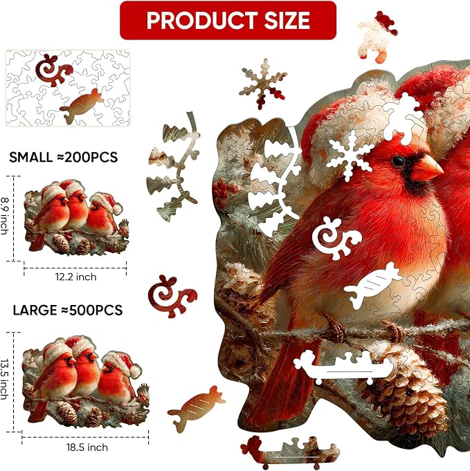 MEATRN Christmas Cardinal Wood Puzzles Adult – Three Baby Birds with Santa Hat, 199Pcs Wooden Jigsaw Puzzle for Festive Holiday Fun, Teens’s Party and Winter Activity 12.2"×8.9"